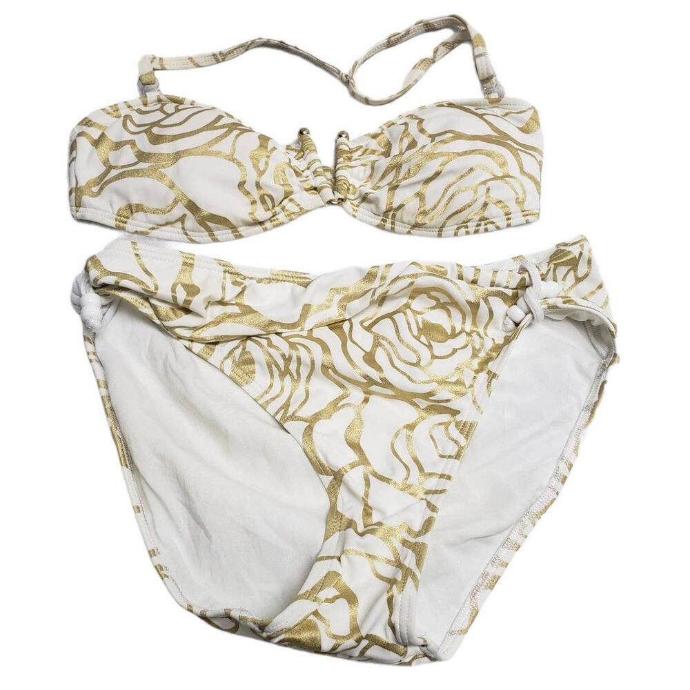 Spiegel White w. Gold Floral Design 2 Piece Strapless Bikini Swim Suit Set